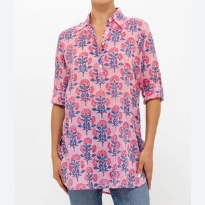 Oliphant Womens Long collar long sleeve sconset pink printed tunic S NWT